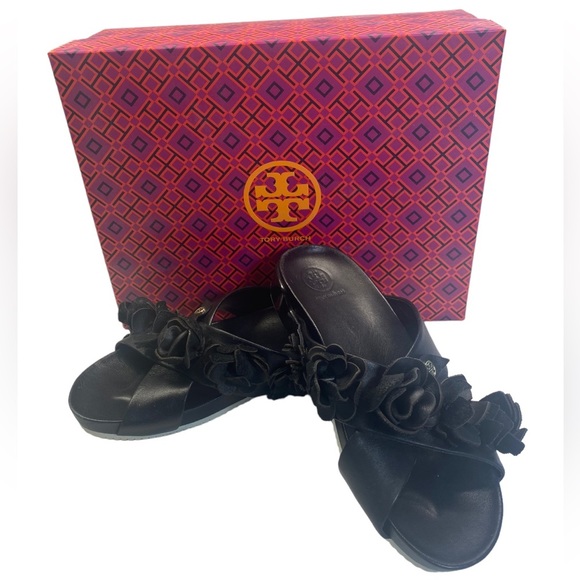 Tory Burch Shoes - Tory Burch Black Leather Blossom Sandal Floral Slides Shoes Size7.5